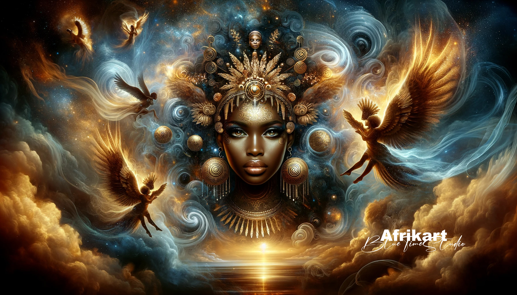 Illustration AI de femme africaine entourée d'ange
